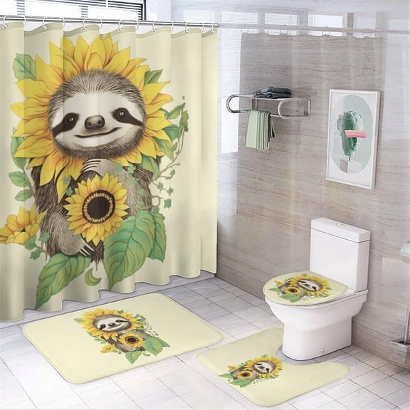 Cute Sloth Sunflowers 4 Pcs Bathroom Shower Curtain Set,Bathroom Sets with Rugs (Bath Mat,U Shape and Toilet Lid Cover Mat), Bathroom Decor Set