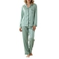 thumbnail image 4 of Wang6 Satin Pajamas for Women Sets Soft Silk Pjs Lounge Set 2 Piece Long Sleeve Button down V Neck Shirts Wide Leg Pants Loose Stripe Printed Sleepwear Nightwear Sets Green L, 4 of 8