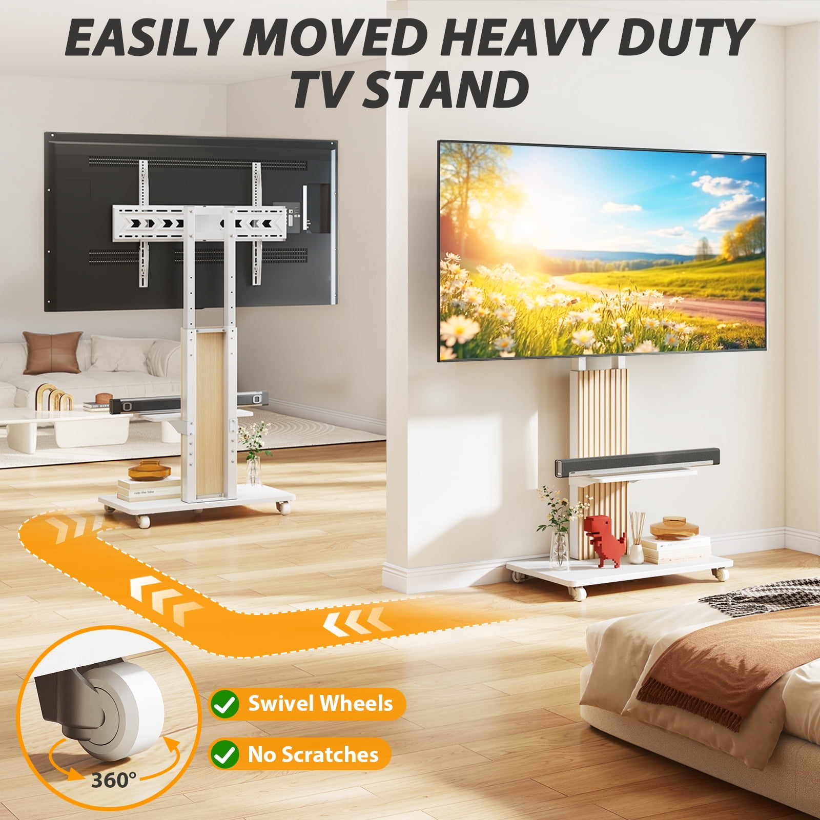 RTVR Rolling TV Cart Stand with Mount for 55 to 90 inch Screens, Heavy Duty Conner TV Stand with Shelves, White
