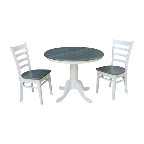 36" Round Solid Wood Extension Dining Table With 2 Emily Chairs in White/Heather Gray by International Concepts