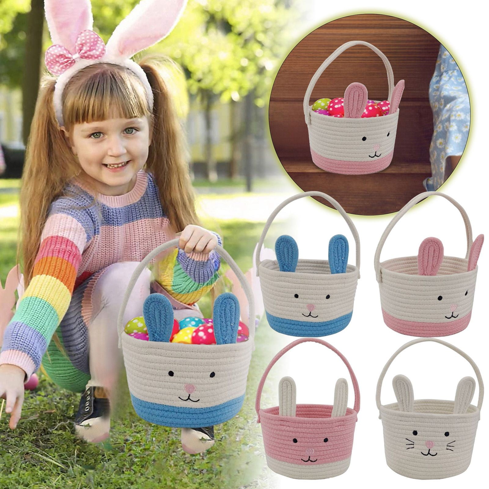 Easter Basket with Handle, Rustic Cotton Handle Bunny Storage Basket, for Easter Egg Hunts, Picnics, and Desktop Storage, Ideal for Kids and Toddlers