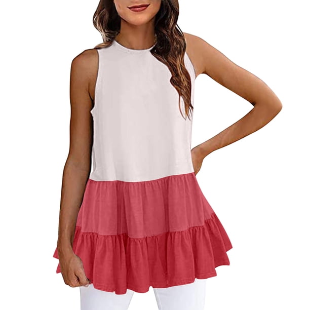 Playeras,Blusas y Tops,Ropa para Mujer Recortada camisetas sin mangas para las mujeres Mujeres Verano Casual Tank O cuello Sleeveless Top Long Ruffle Tank Top Long Top (Red, XXL)