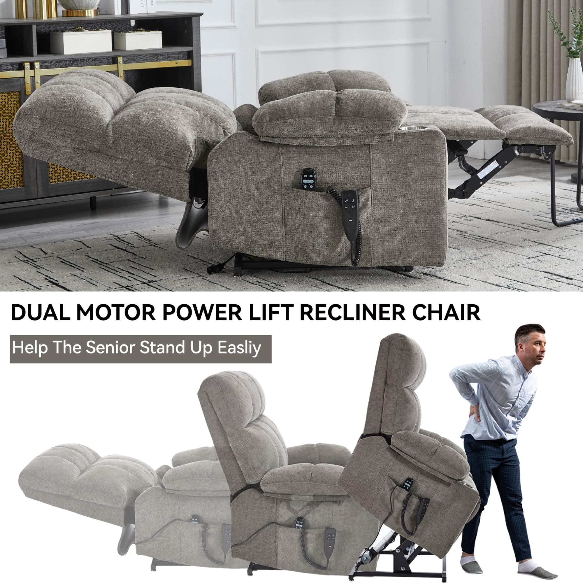 Leumius Power Lift Recliner Chair for Elderly,Heavy Duty Recliner with 8-Point Vibration Massage and Lumbar Heating,Infinite Position,Up to 350 LBS,Brown