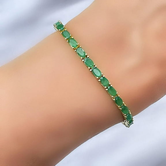 925 Silver Emerald Oval Tennis Bracelet with 14K Gold Plated Lab Emerald Bracelet,Prong Set Emerald Tennis Bracelet,Layering Bracelet For Women