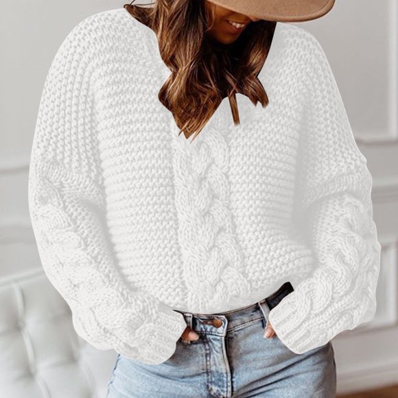 VgaVtl Pullover Plus Size Sweaters for Women Long Sleeve Chunky Sweaters for Women 2025 Thickened Knit White Solid Sweaters