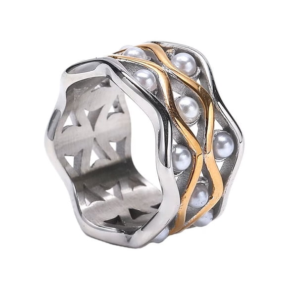 HIJONES Women's Multi-layer Pearls Wave Hollow Flower Stainless Steel Statement Ring Band Finger Jewelry Silver Size 6