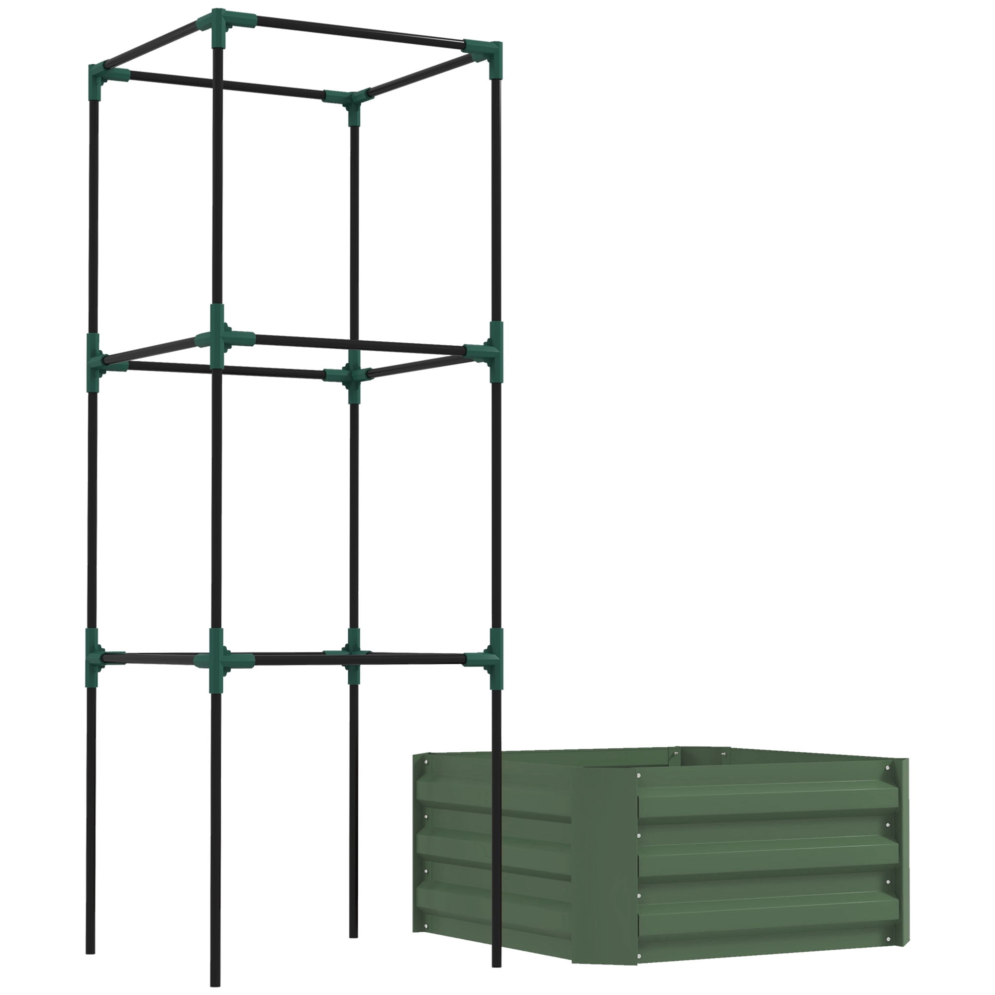 Outsunny Raised Garden Bed, 24" x 24" x 55" Galvanized Planter Box w/ Tomato Cage, Open Bottom for Climbing Vines, Green