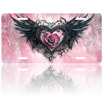 1 Pcs 2D Flat License Plate Covers & Frames, Heart with Black Wings For Decorative Front, Waterproof For Decoration Aluminum License Plate Covers & Frames Cover For Men Women, 12" X 6"