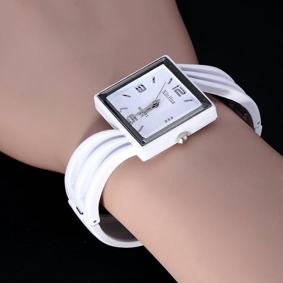 Women’s Square Bangle Watch White Dial & White Bracelet, Fashion Quartz Wristwatch Elegant Minimalist Cuff Watch for Ladies
