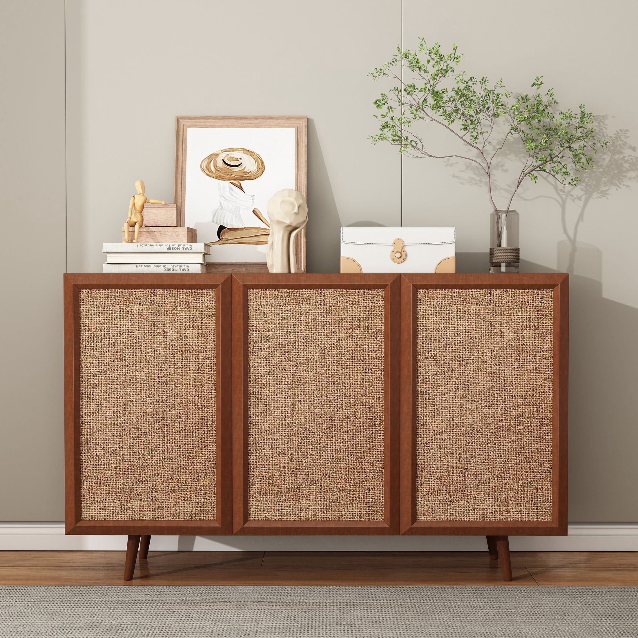 Noble House Laris 47" 3-Door Rattan Buffet Cabinet with Solid Wood Door Frames, Accent Sideboard TV Stand, Walnut