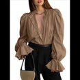 thumbnail image 1 of Blusa para Mujer, Color Amarillo Paja, Color Liso, con Puños Fruncidos y Cuello en V, Ropa de Moda para Otoño e Invierno. Caqui M, 1 of 5