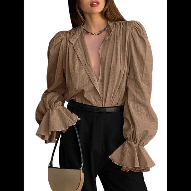 Blusa para Mujer, Color Amarillo Paja, Color Liso, con Puños Fruncidos y Cuello en V, Ropa de Moda para Otoño e Invierno. Caqui L