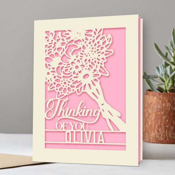 Personalized Thinking Of You Card,Papercut Flower Bouquet Greeting Card, Blank Inside with Envelope,Customized Any Name
