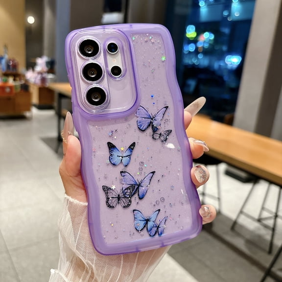 Butterfly Case For Samsung Galaxy S26 Ultra, Cute Aesthetic Wavy Curly Frame, Glitter Bling Sparkle Clear Rubber Cover, Shockproof Protective Hybrid Soft TPU Slim Shell for Women Girls,Purple
