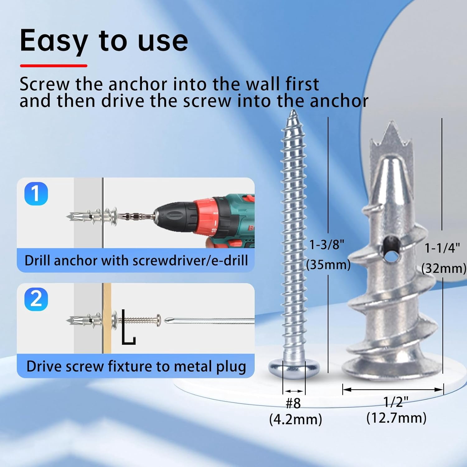 Metal Self Drilling Drywall Anchors, 101PCS Hollow Wall Anchors and Screws Kit, with Specialized Bit, Heavy Duty Sheetrock Anchors + #8×1-3/8 Screws, Easy for Wall, Shelve, Hanging and Mounting