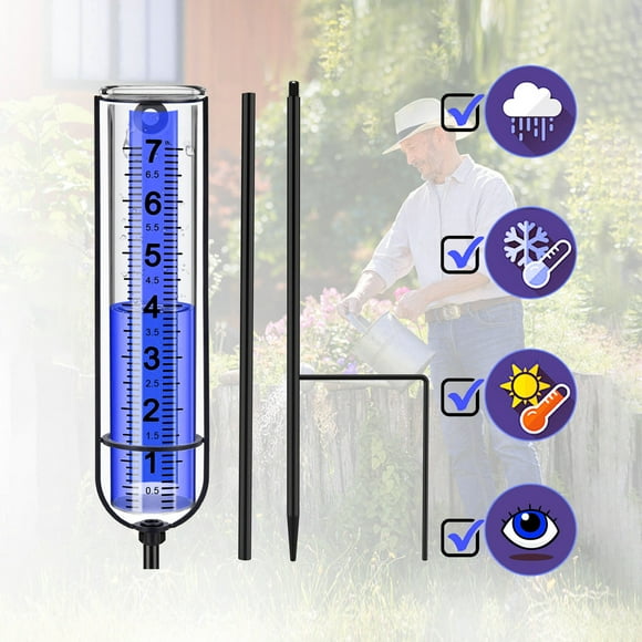 Pluviómetro Plástico Espeso Resistente a la Congelación Exterior | Herramienta para medir la lluvia de grandes números claros | Estaca metálica de altura ajustable | Base estable en forma de H