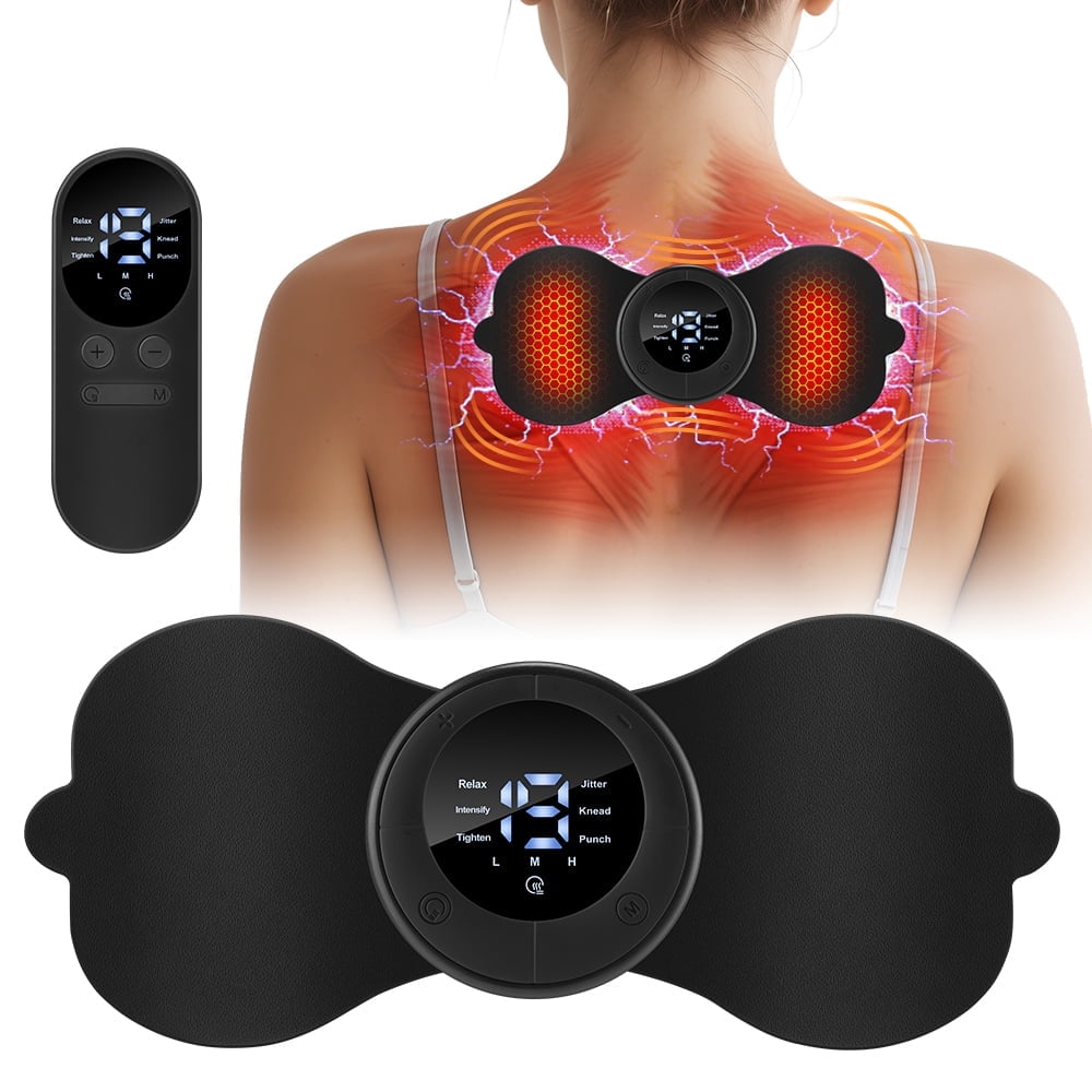 EMS Massage Patch with Remote Control, Electric Cervical Neck Back Massager, Rechargeable Mini Massager Pad with 6 Modes 19 Intensities Heating Function for Shoulder Leg Arm Muscle Relaxation, Black