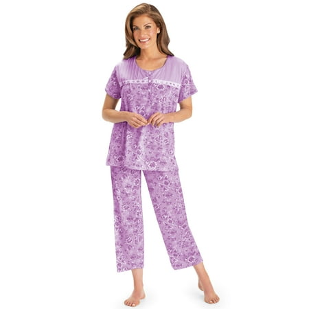 

Collections Etc Lace Trim Floral Print 2-Piece Capri Pajama Set