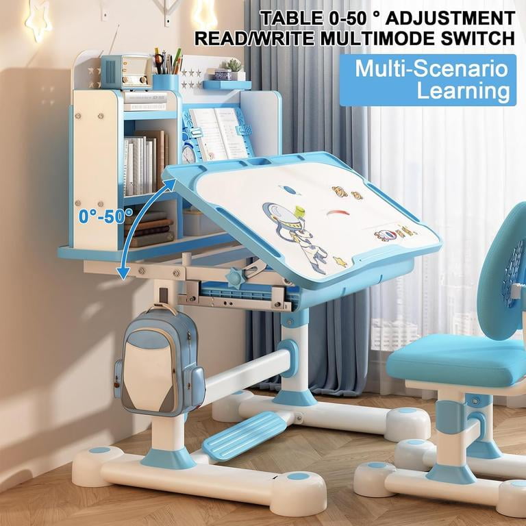 YNCE Kids Study Desk Chair Set,Adjustable Children School Study Table Chair Set with Sitting Corrector, Ergonomic Desk Chairs with Book Stand, Foot Pedal, Partition Design (Pink #5)