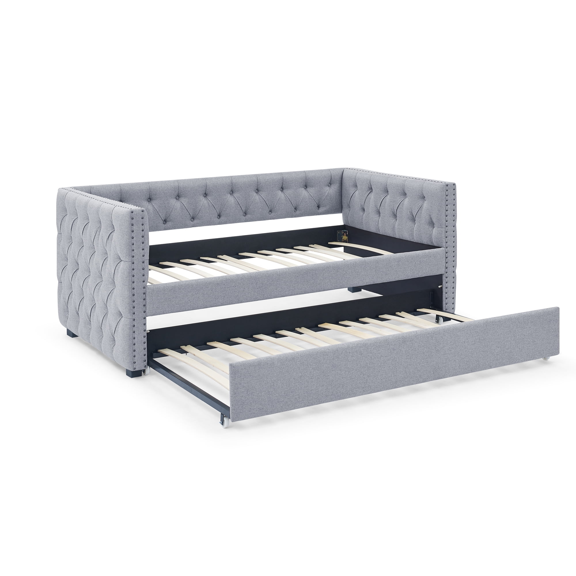 Aukfa Upholstered Daybed with Trundle, Twin Daybed, Button Tufted, Nailhead Trim - Gray