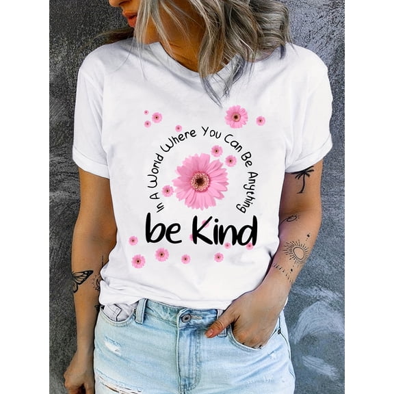 Women's Be Kind Inspirational Graphic T-Shirt Pink Flower Daisy Print Short Sleeve Casual Summer Tee Retro Positive Quote Top
