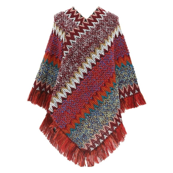 Pxiakgy Hot Sale!! Women's Zig-Zag Knit Tassel Fringed Pullover Poncho Sweater Cape Shawl Wrap Nationl Print Colourful Splice Poncho with Tassels Knitted Shawl Scarf