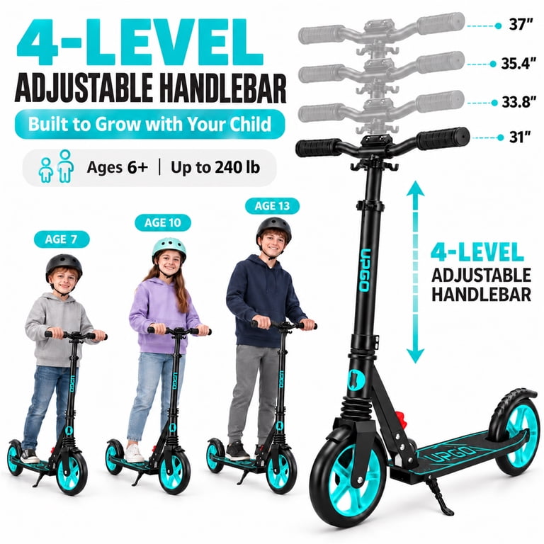Upgo Kick Scooter, 8-Inch Wheels, 4-Level Adjustable Handlebar, Cyan photo 3