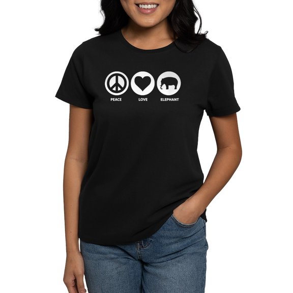 CafePress - Peace Love Elephant Women's Dark T Shirt - Women's Traditional Fit Dark T-Shirt