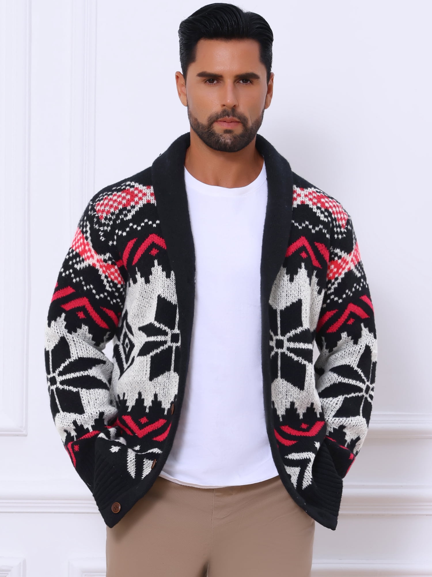 DARING DIVA Men's Shawl Collar Long Sleeved Knitwear Cardigan Sweater M Black Red