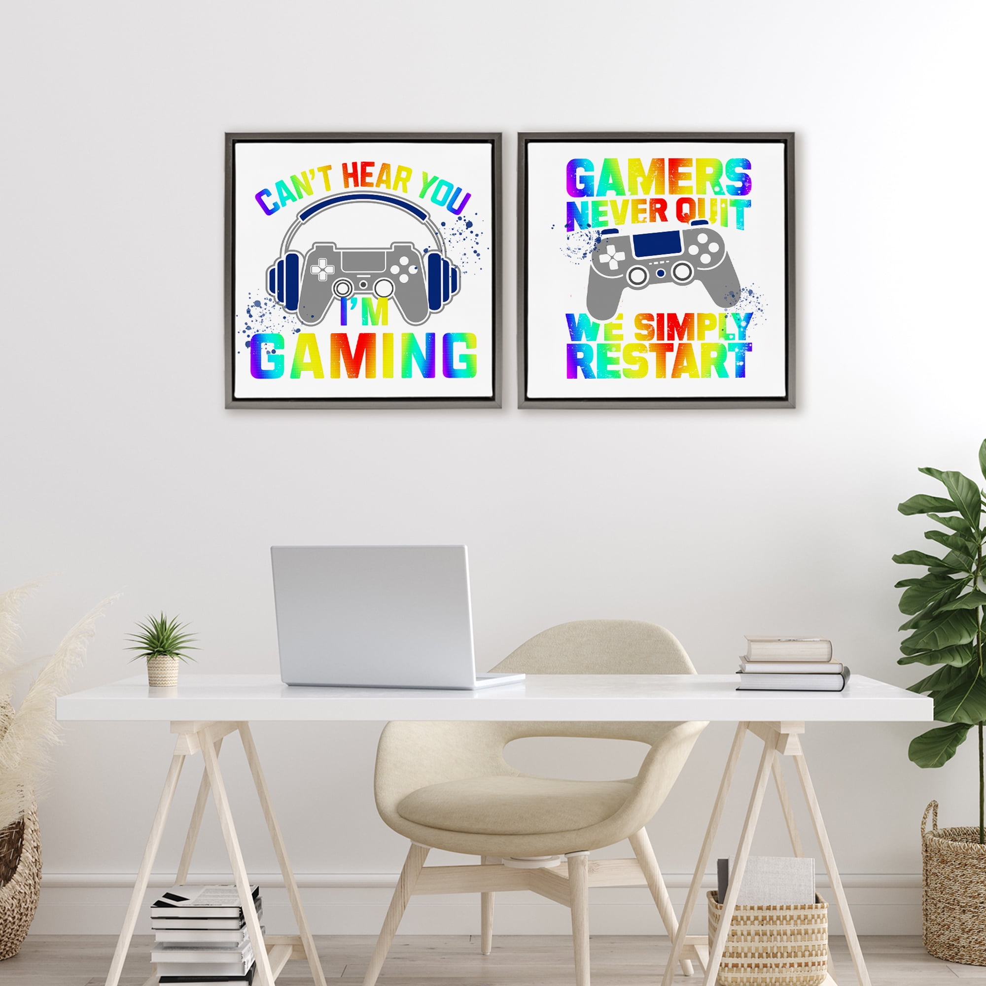 Rainbow Retro Gaming Phrases 2 Piece Gray Framed Floater Canvas Set, design by Kim Allen