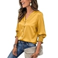 thumbnail image 5 of ClodeEU Women's Satin V Neck Ruff Cuff 3/4 Sleeve Button Down Blouse, Casual Silky Work Shirt Top Yellow,Women's Plus M, 5 of 9