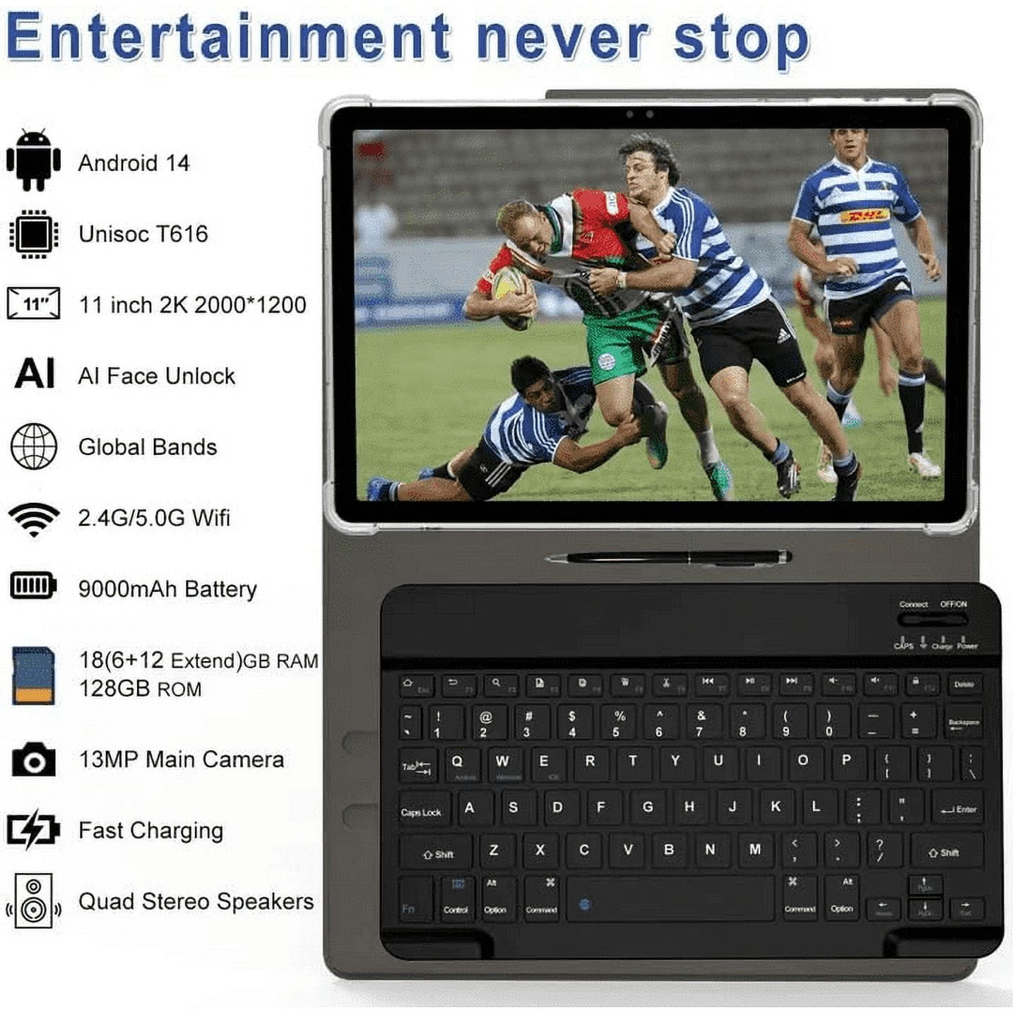 2025 Latest 11 inch Tablet Android 14 Tablet 18GB RAM 128GB ROM, 2K Display, T616 Octa Core 13MP+5MP Camera, 5G WiFi, 9000mAh Battery, With case, Pen, Keyboard