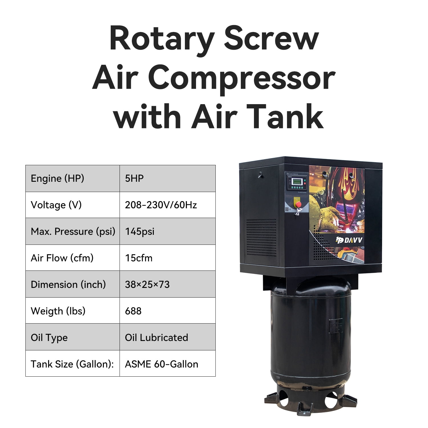 HPDMC 5HP Rotary Screw Air Compressor, 208-230V 3-Phase, 15 CFM @ 145 PSI, Industrial Oil-Lubricated Air Pump with ASME 60-Gallon Vertical Tank, Intelligent Controls & Sound-Reducing Design