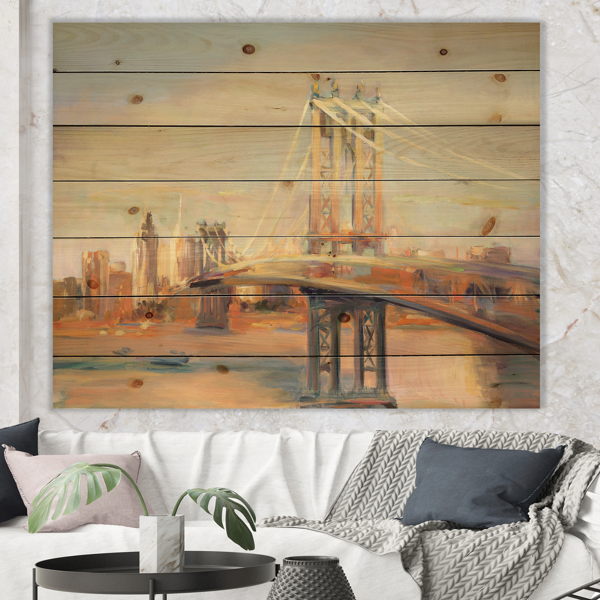 Designart 'Manhattan Brooklyn Bridge' Traditional Print on Natural Pine Wood