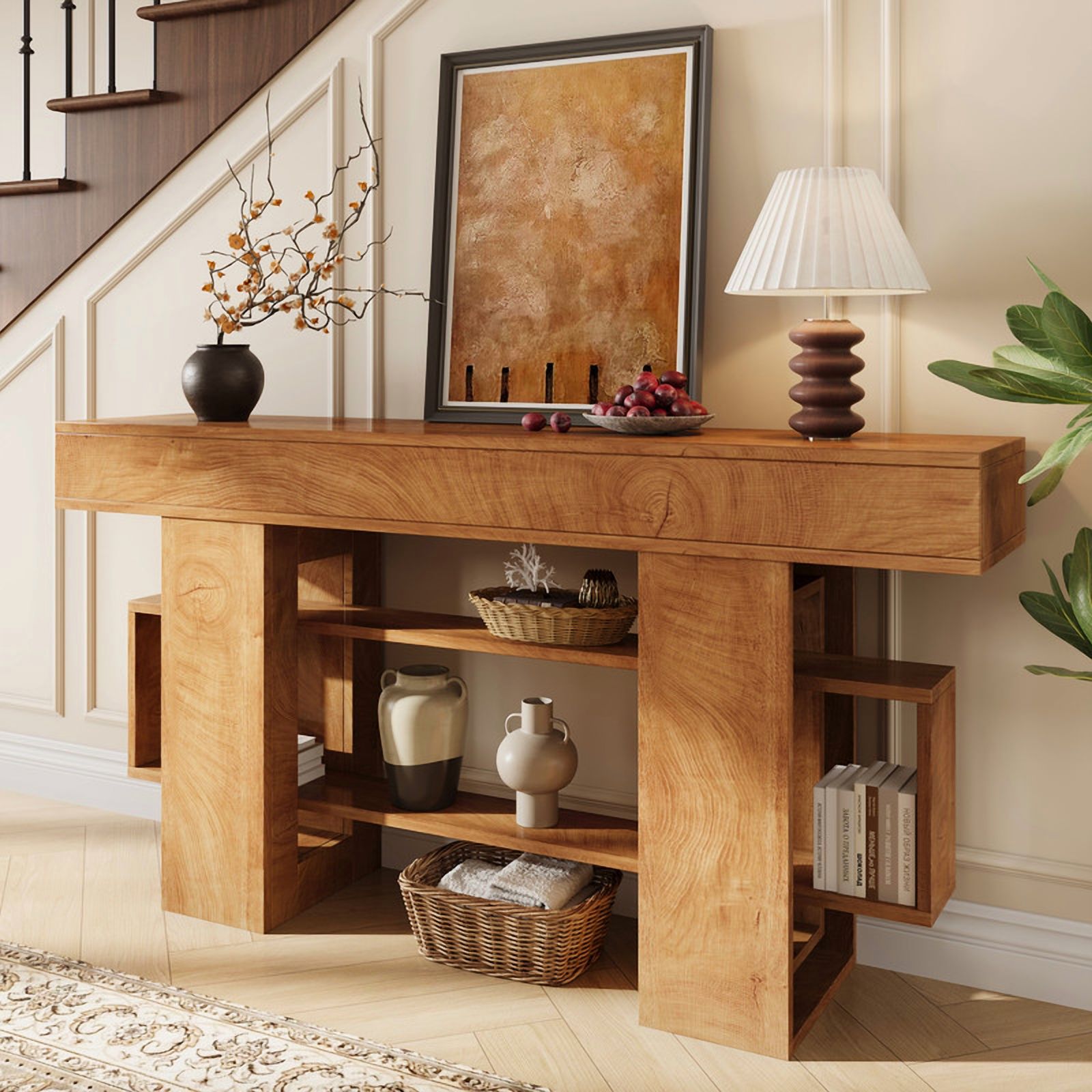 Einhomn 63" Farmhouse Wood Console Table, Modern Entryway Table with Open Storage for Behind Couch, Living Room