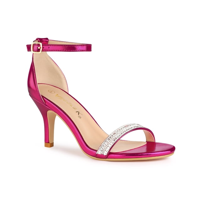 BLISSFUL STEP Women's Solid Color Open Toe Rhines Ankle Strap Stiletto Sandals Hot Pink 9