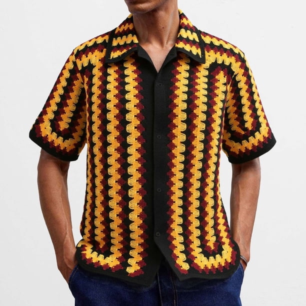 Ceisia Men's Summer Geometric Wave Jacquard Short Sleeve Button Down Knitted Cardigan Multicolor M Gifts
