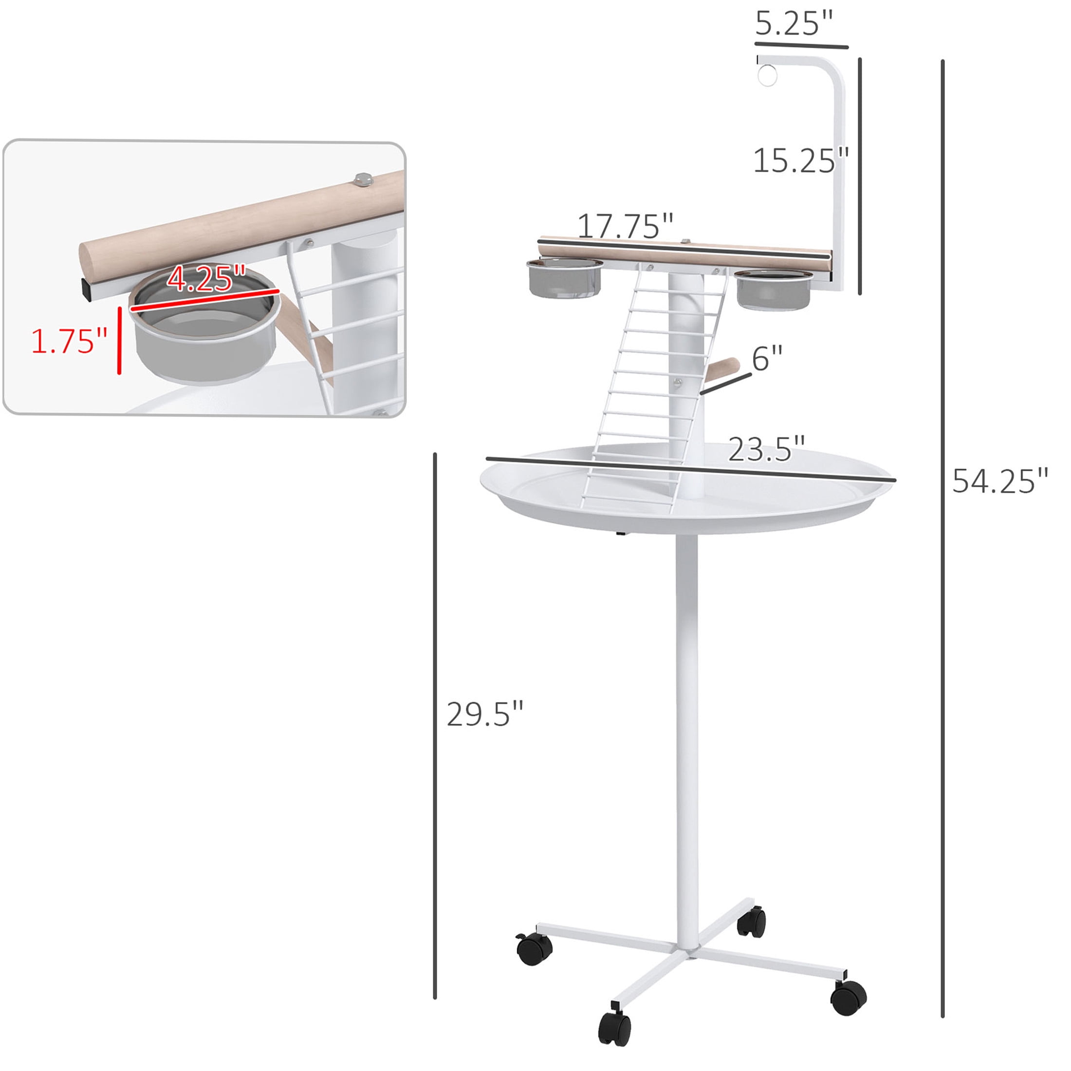 JERFIT White Bird Cage Stand on Wheels, Mobile Parrot Play Gym with Stainless Steel Bowls, Perches & Ladder for Small Parakeets Cockatiels Lovebirds Indoor Outdoor Use