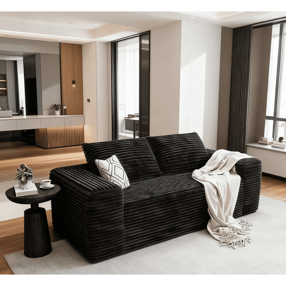 VEPXXP 63" Corduroy Boneless Cloud Loveseat Sofa, Memory Foam 2-Seater Couch in a Box, Rolled Arms Pillow Back No Assembly Small Sofa for Living Room, Bedroom, Apartment, Black
