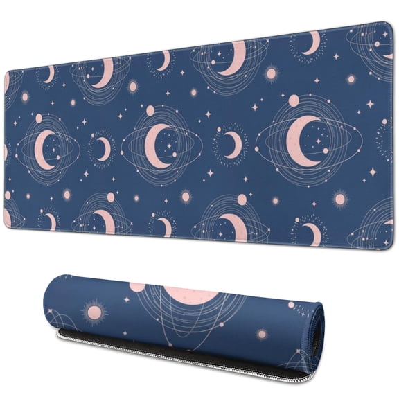 Long Mouse Pads for Desk,Blue Pink Moon Star Planet Pattern Desk Mats on Top Of Desks, Desk Mouse Pad Extra Large with 3mm Non-Slip Base and Stitched Edge for Gaming,Office,Work,Home 31.5"x11.8"