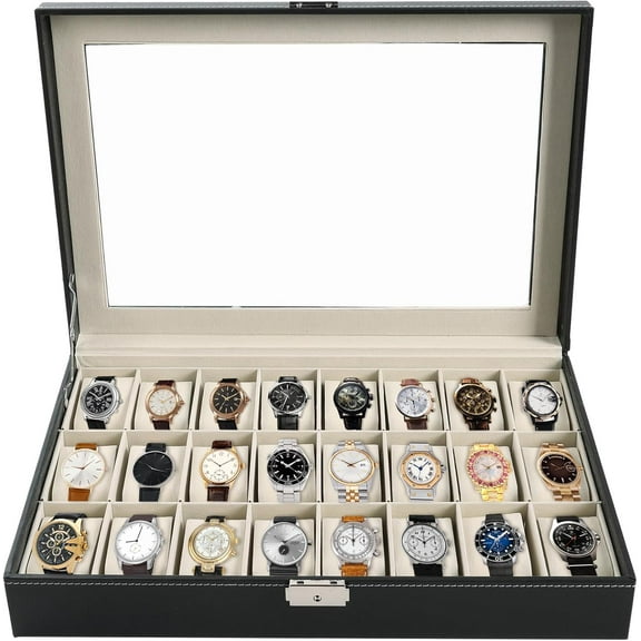 Watch Box 24 Slot Elegant Portable Black Watch Collection Box Case jewelry Men & Women