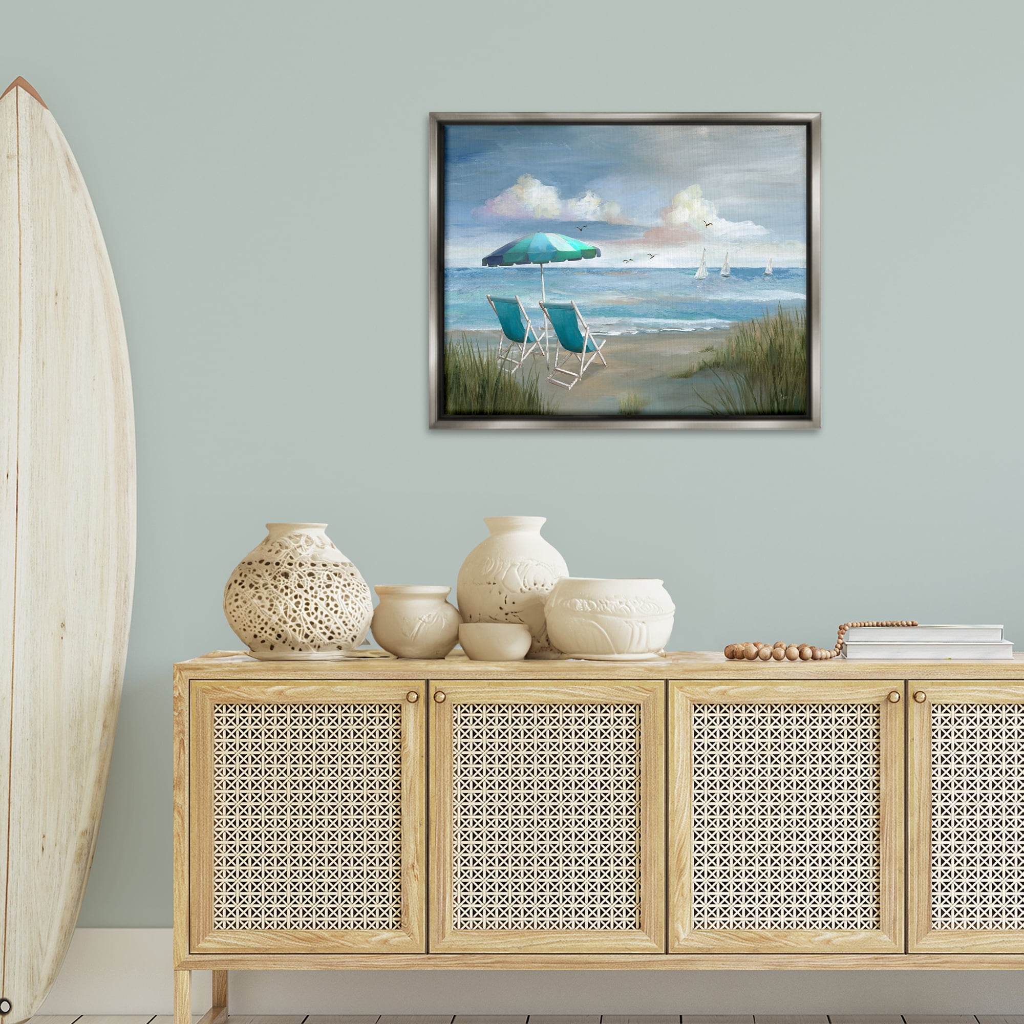 Stupell Industries Seagulls over Calm Beach Nautical & Beach Painting Gray Floater Framed Canvas Art Print Wall Art, 31 x 25