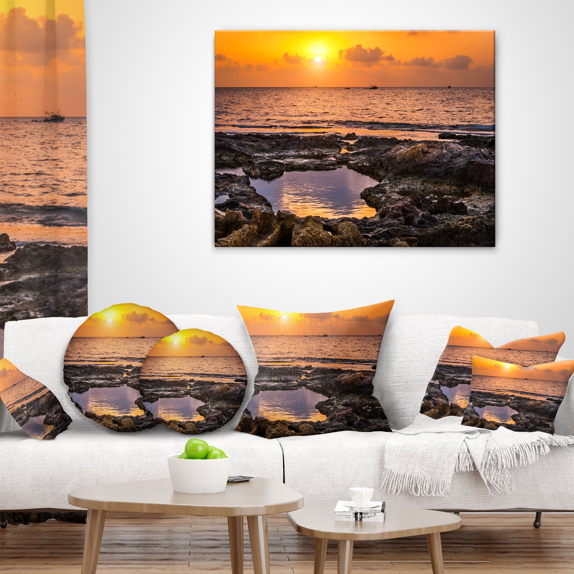 Designart Colorful Rocky Coast at Sunset - Oversized Beach Throw Pillow - 12x20