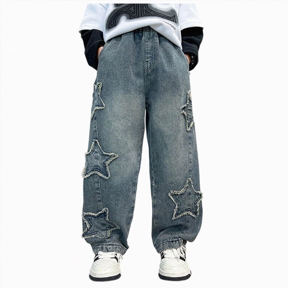 TAmten Boys Star Baggy Jeans,Wide Leg Elastic Waist Denim Pants Loose Fit Trousers Vintage Y2K Streetwear(Blue,9-10 Years)