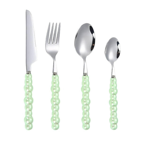 Juego de 4 piezas de vajilla de acero inoxidable con mango, cuchara para postre, ensalada, tenedor, cuchillo para carne, tenedor, cuchara, cuchara de té.
