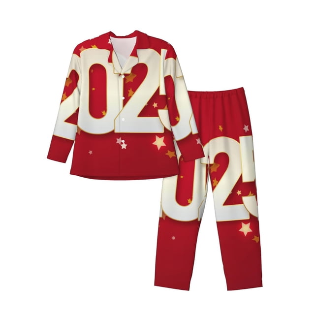 Fotbe Happy New 2025 Year Pijama de Hombre con Estampado de Manga Larga, Conjunto de 2 Piezas, Ropa de Dormir Suave y Cómoda con Bolsillos-Medium