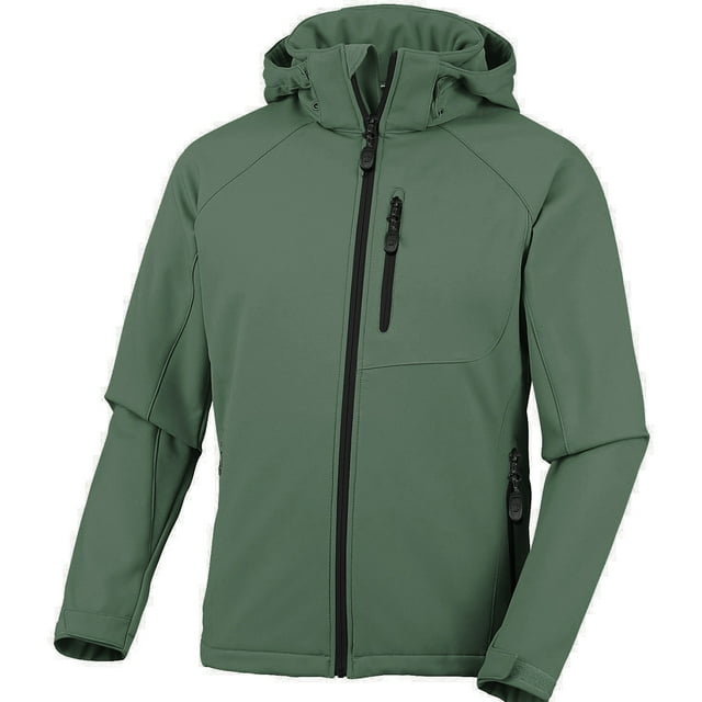 Mens' Warm Water Repellent Softshell Snowboard Jacket with removable hood, displayed in muted green. This fleece-lined softshell jacket features waterproof zippers, adjustable arm straps, and nine utility pockets, including two warm hand pockets and one chest pocket. Designed for skiing, snowboarding, hiking, and casual wear, it offers warmth, breathability, and protection during cold seasons. A versatile addition to men's outerwear collections.
