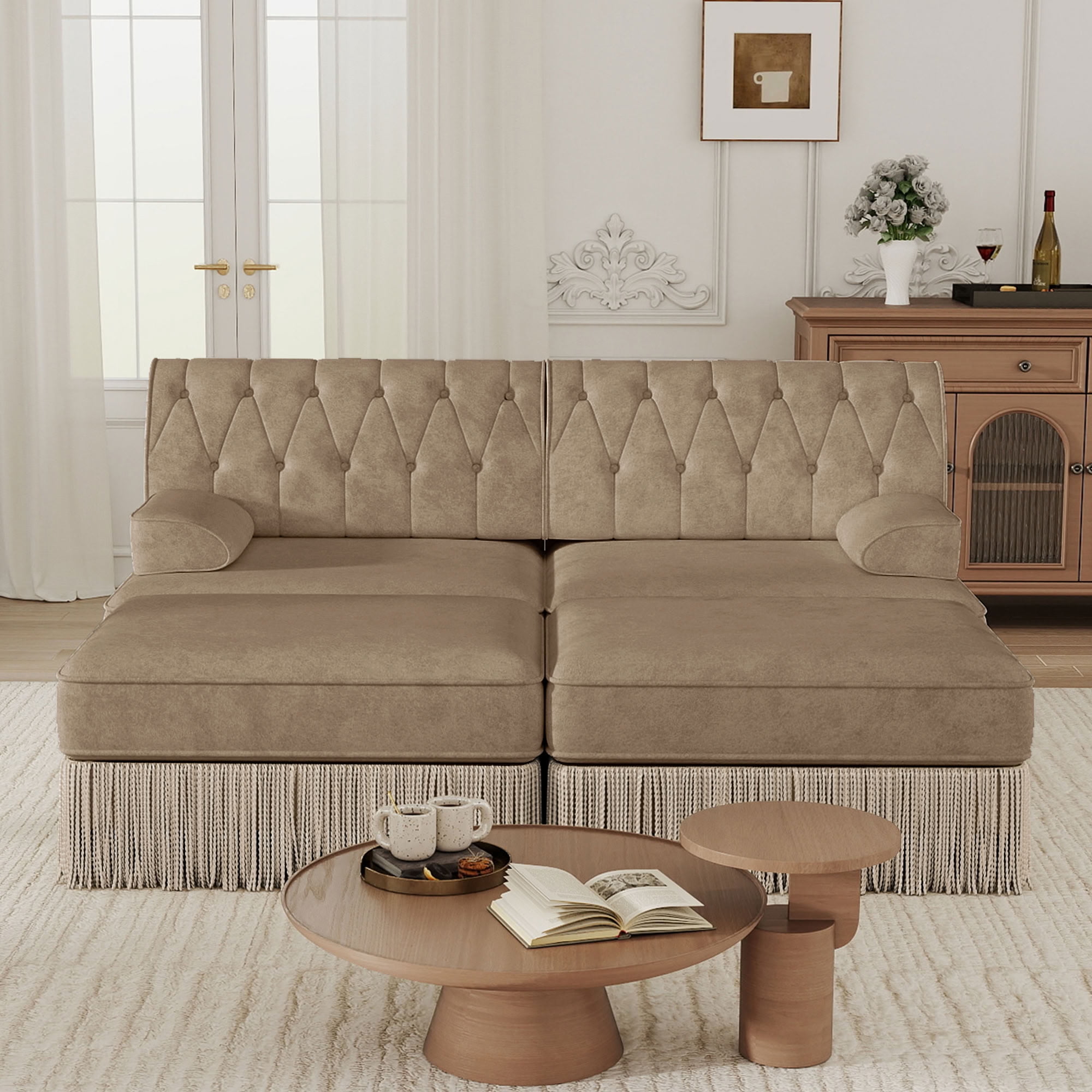 MAYEERTY 2-Seater Chesterfield Sofa, Modular Couch with Tassel & 2 Ottomans, Solid Wood Base for Living Room