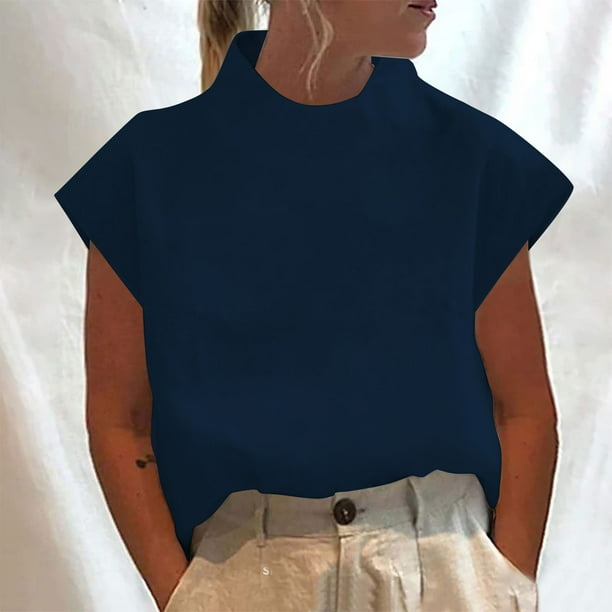 Karight Summer Tops for Women Vacation Trendy Dressy Casual High Neck Cotton Linen Breathable Cap Sleeve Shirt