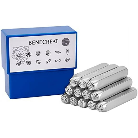 12Pack Insect/Heart Pattern Iron Metal Stamps (6mm 1/4") Daily Design Metal Punch Stamp Tool Set for Jewelry Leather Wood Stamping